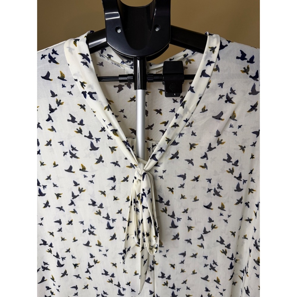 Siren Lily Women White Bird Print Tie Neck Short Sleeve Blouse Top 3X
